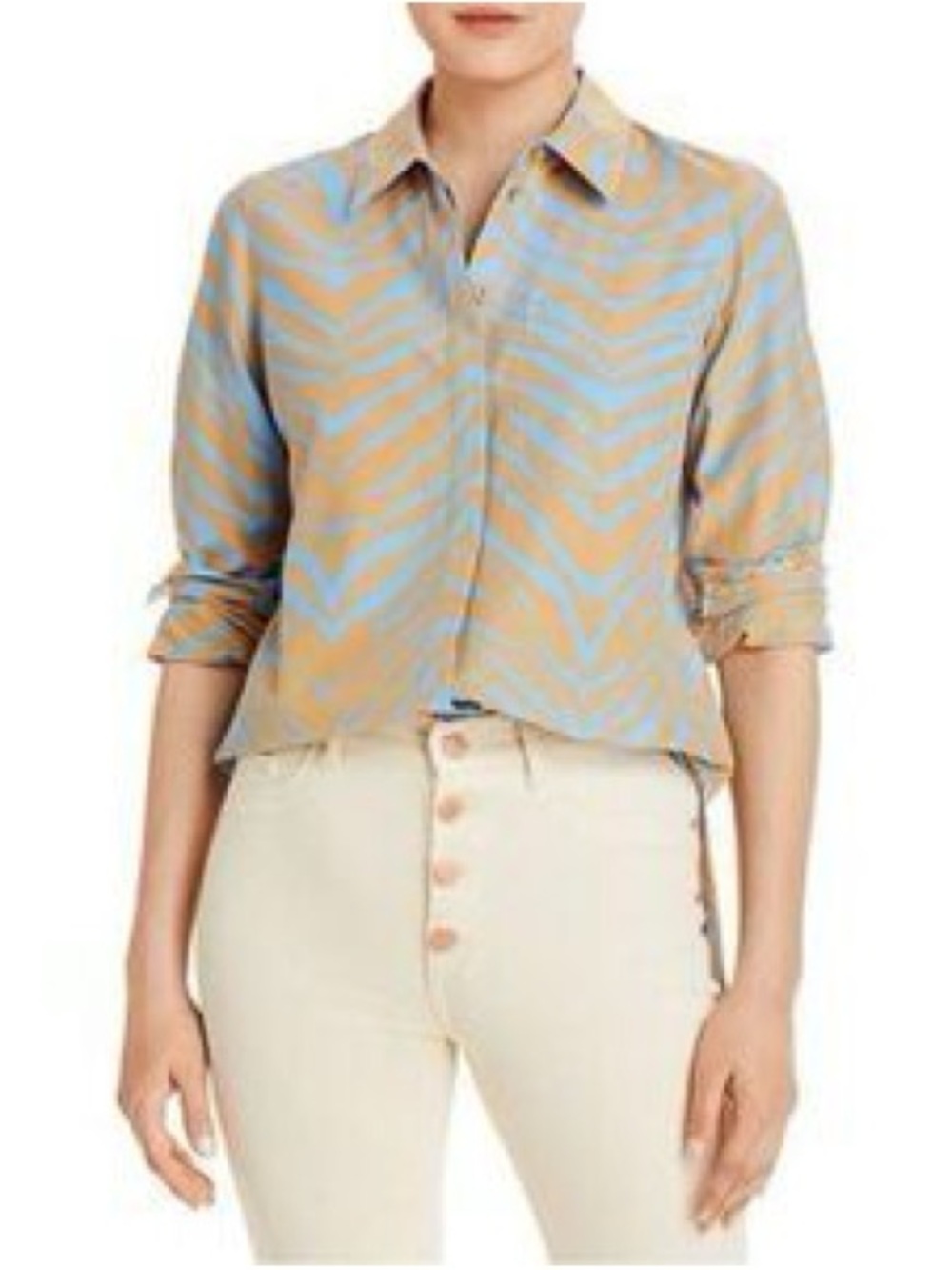 Lafayette 148 New York Ruxton Blue Tan Zebra XS Cotton Silk Blouse Office Chic - Picture 1 of 6